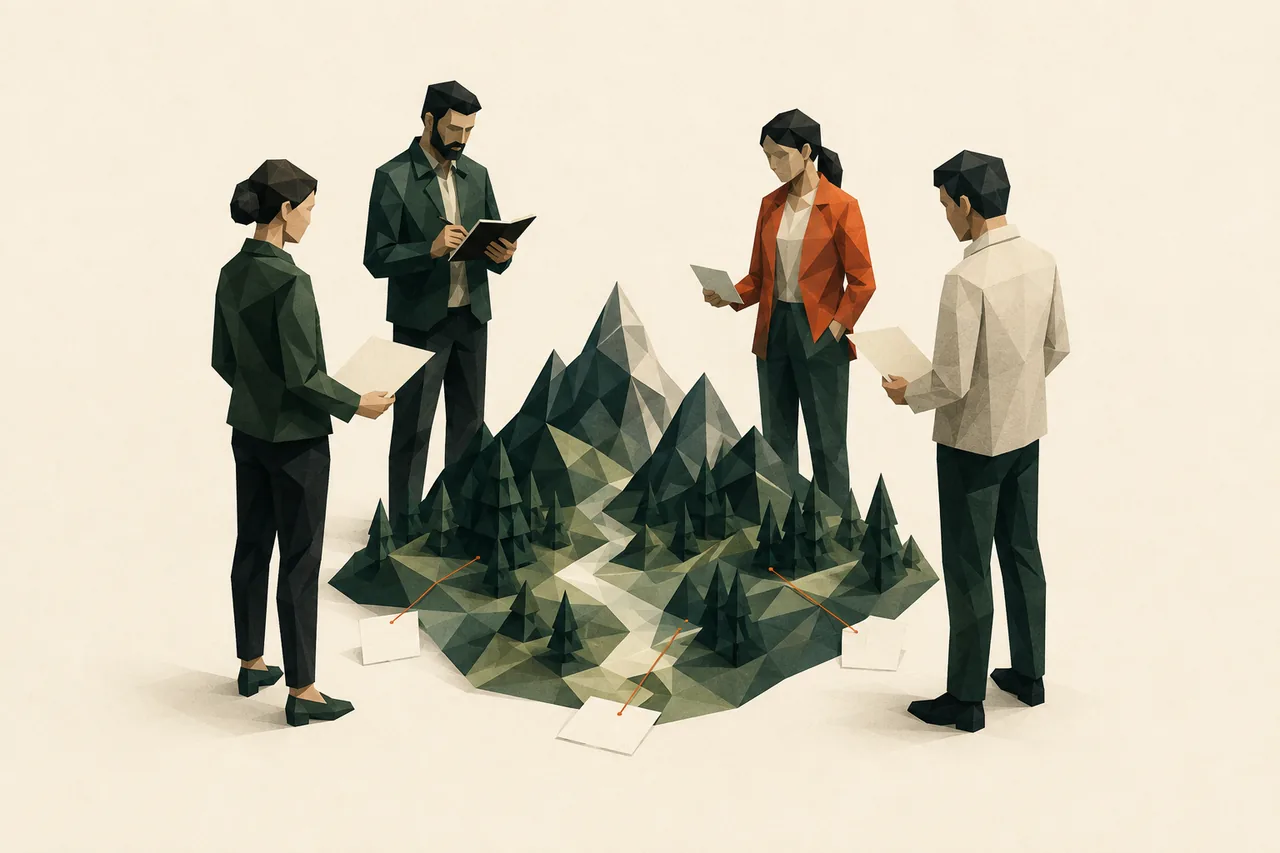 Illustration de personnes réunies autour d’une représentation du territoire.